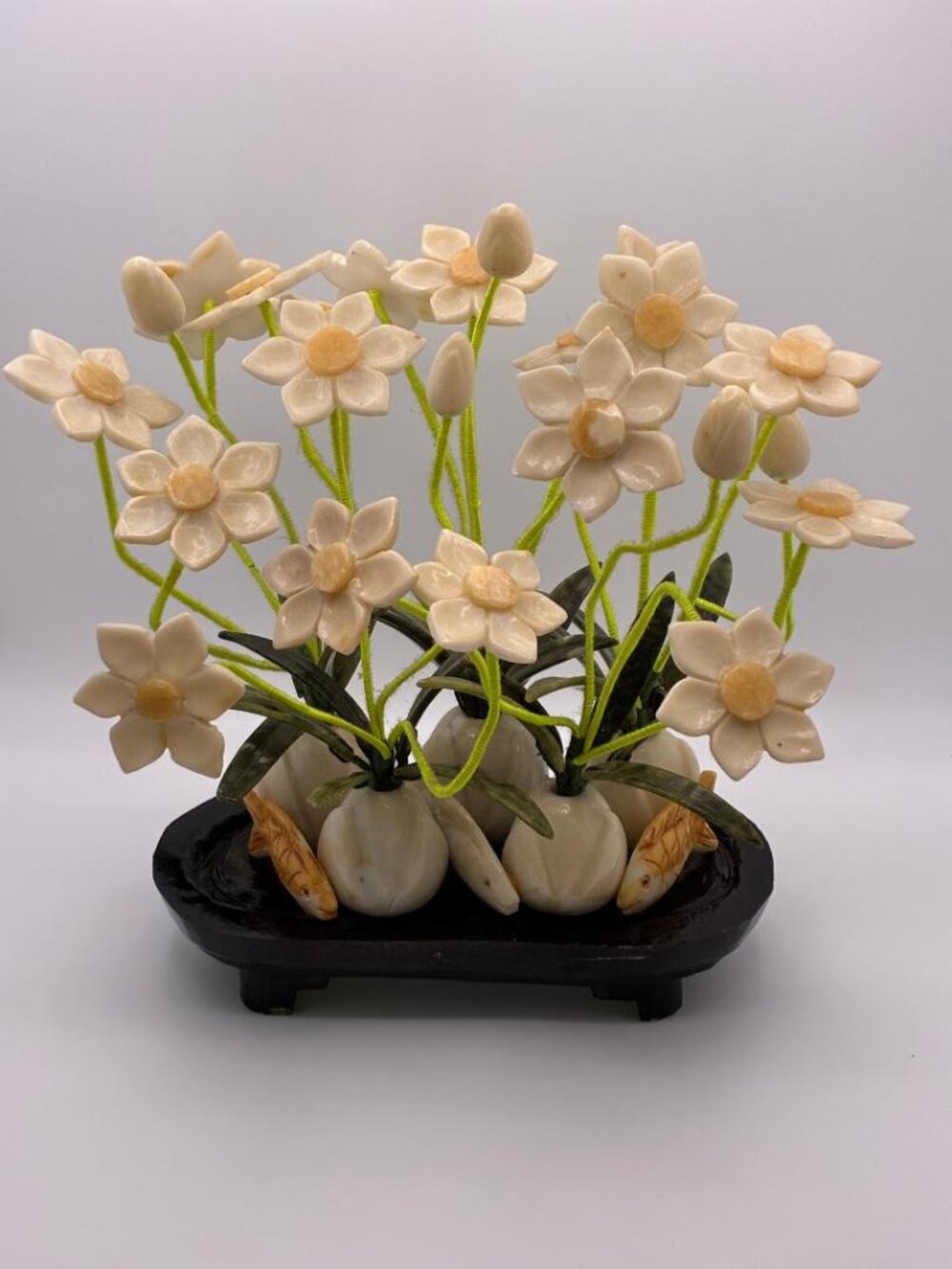 Large Vintage Asian Hand Carved Jade Stone Flower Garden w/ Koi Fish Planter